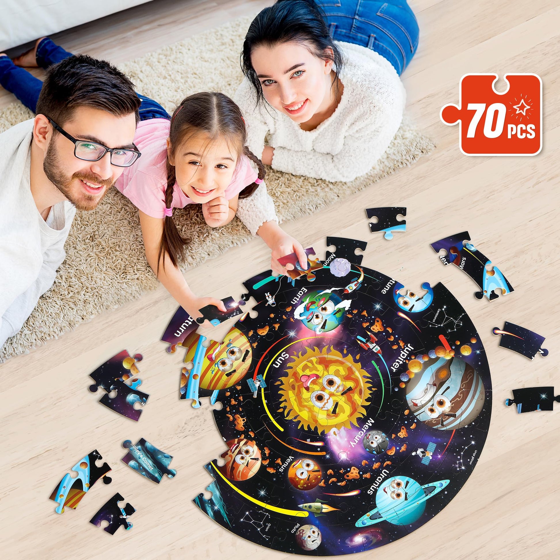 Giant solar system floor jigsaw puzzle for kids by SYNARRY, featuring colorful space planets and astronauts for children ages 3-8.