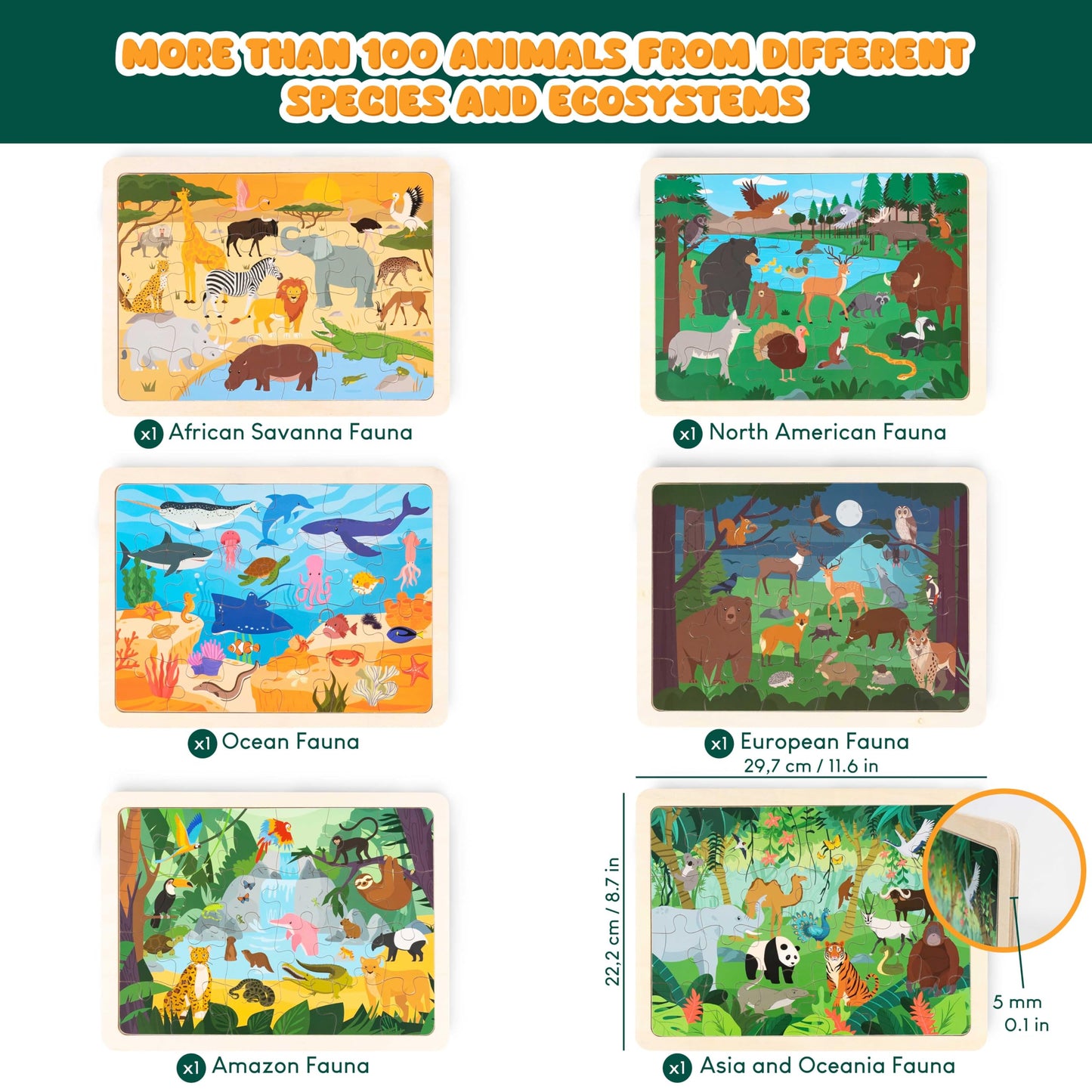 BONNYCO wooden animal puzzle for kids with 24 pieces, educational jigsaw set featuring animals from various ecosystems.