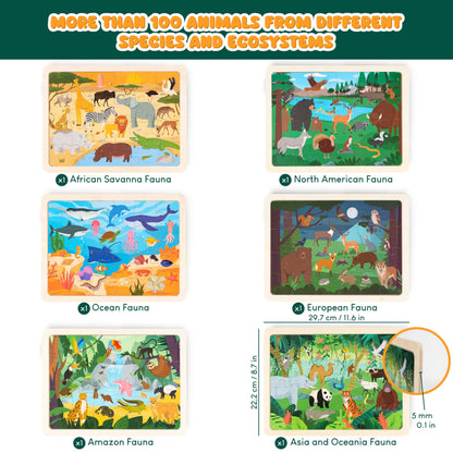 BONNYCO wooden animal puzzle for kids with 24 pieces, educational jigsaw set featuring animals from various ecosystems.