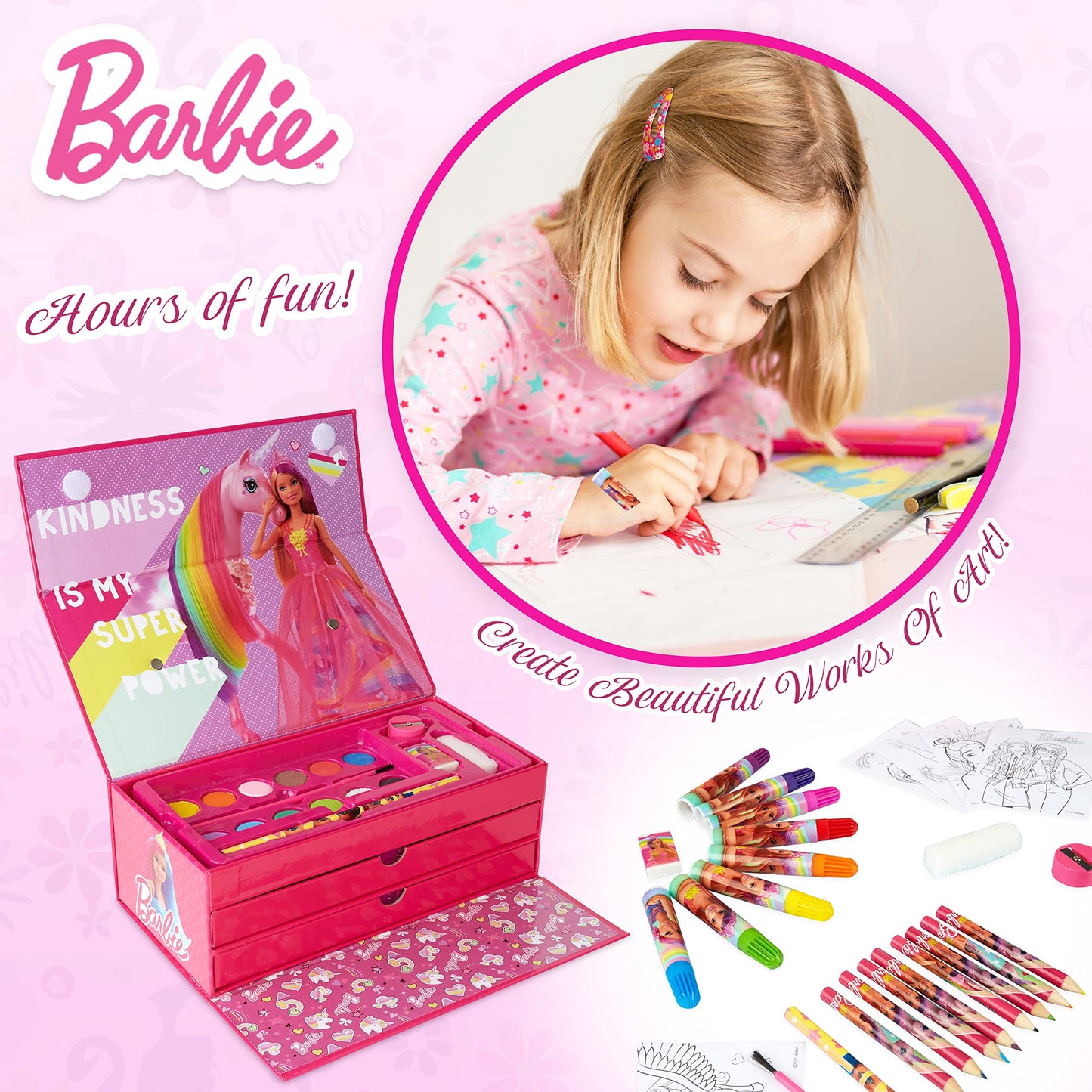 Barbie Art Set for Girls with Colouring Pencils Paints Felt Tip Pens Stationery Crafts for Kids Art Supplies School Travel 40 Plus Pcs Gift Set