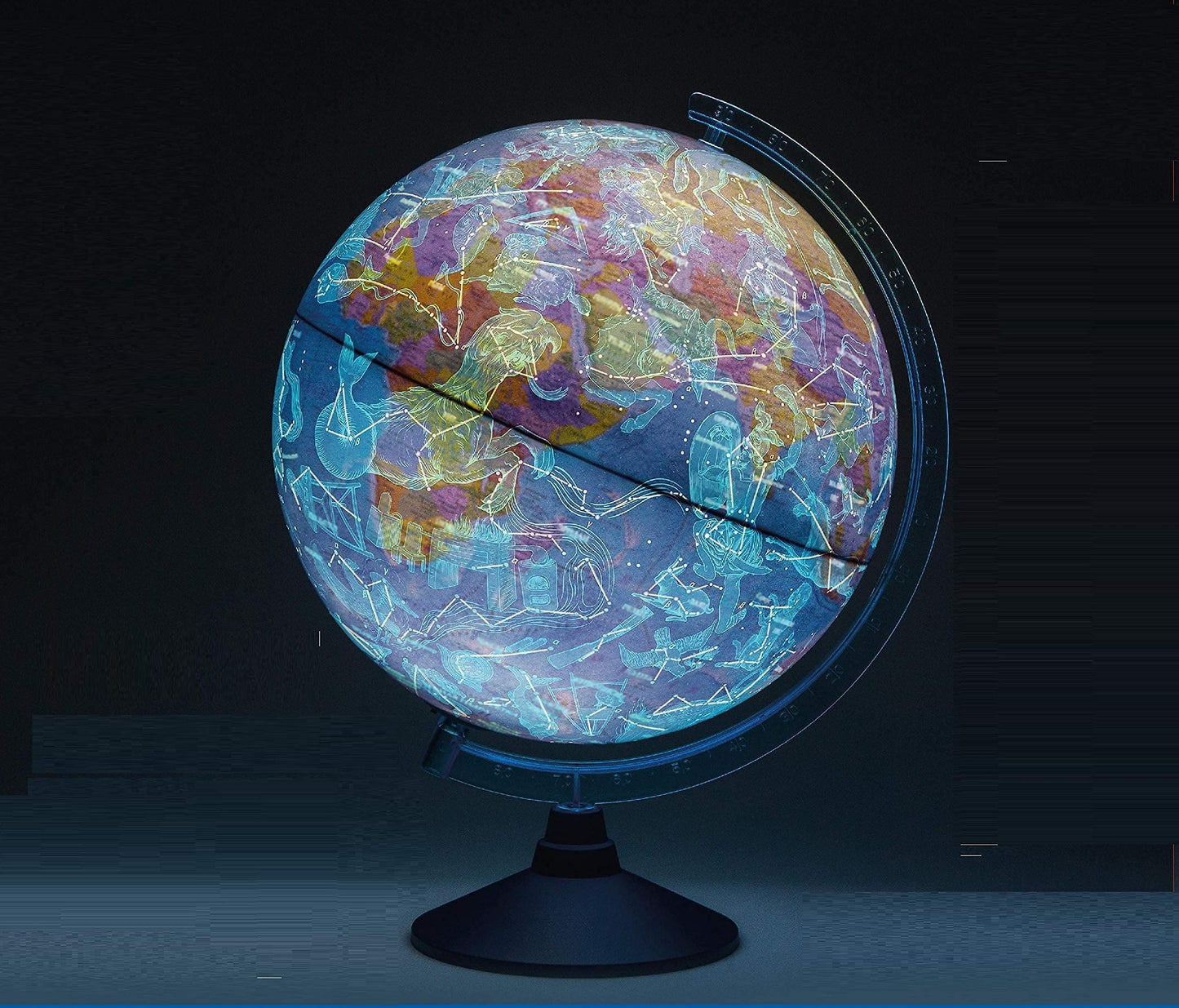 Exerz 21cm illuminated globe showing physical map with constellation stars, featuring a light-up, rotating swivel design.