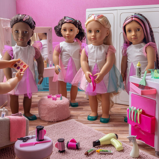Pink vanity table playset with light-up mirror and pretend makeup accessories for 18-inch dolls by Our Generation.