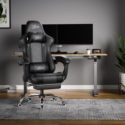 Black Blisswood gaming chair with ergonomic design, footrest, headrest, lumbar support, and height-adjustable high back for adults.