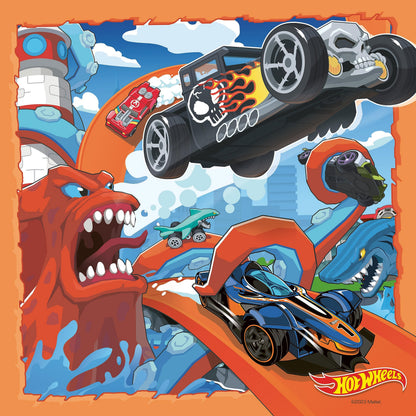 Ravensburger Hot Wheels jigsaw puzzles featuring colorful cars, ideal for kids aged 5 and up, displayed in a vibrant layout.
