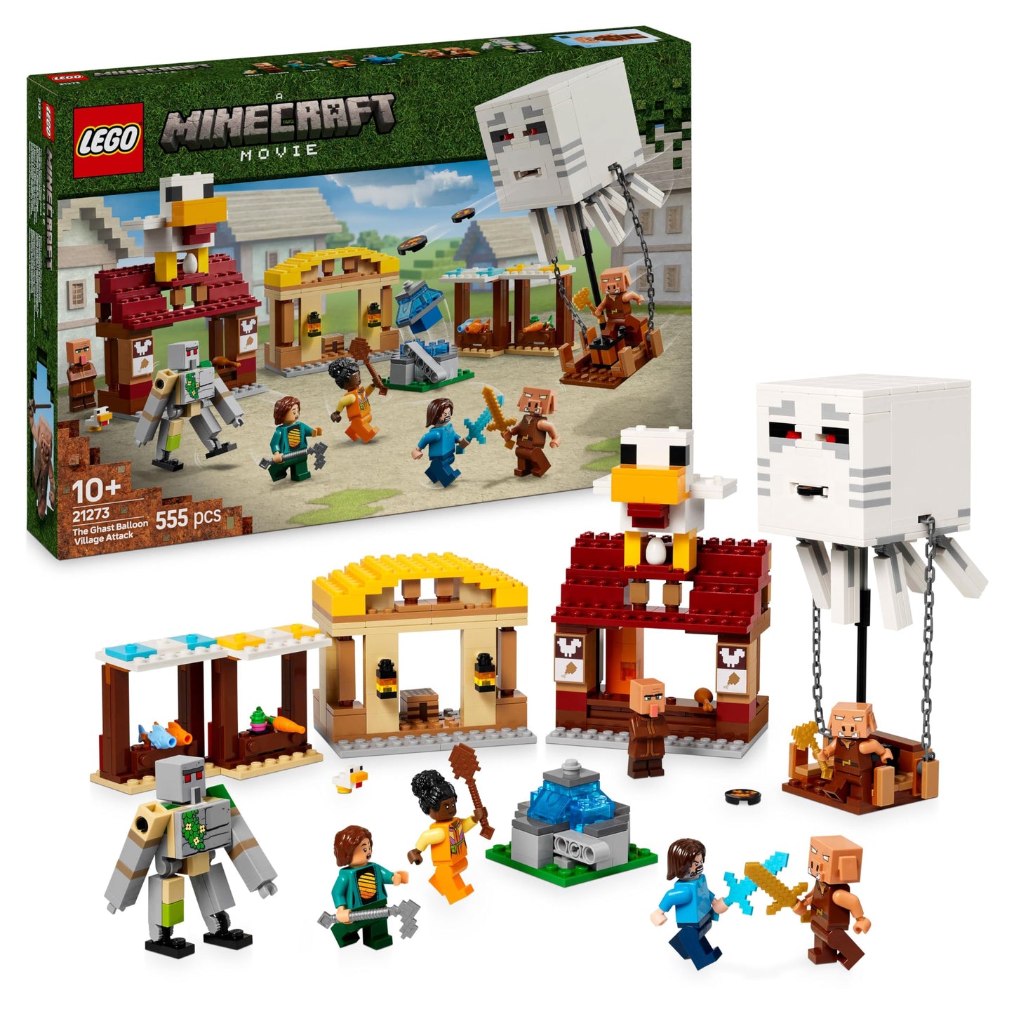 LEGO Minecraft The Ghast Balloon Village Attack Toy - incl. Steve's House, 4 Minifigures, Iron Golem Figure & Exploding Fountain Function - Gaming Gift for 10+ Year Old Boys, Girls & Fans - 21273