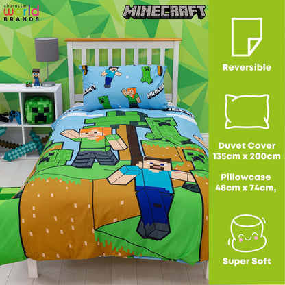 Minecraft Official Single Duvet Cover Set, Epic Design | Blue Reversible 2 Sided Bedding Duvet Cover Official Merchandise Including Matching Pillow Case