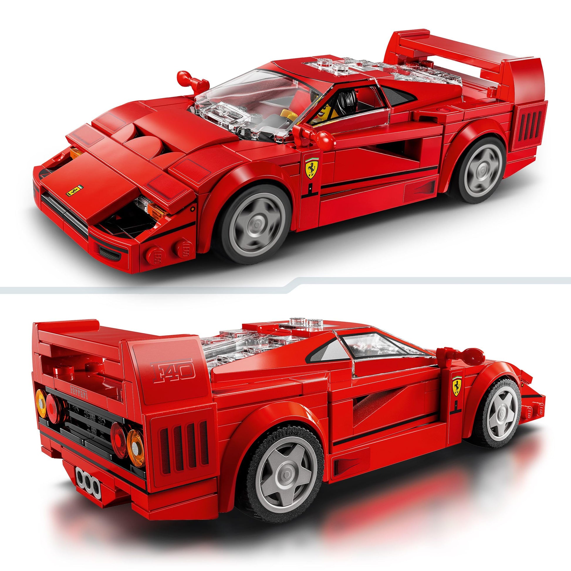 LEGO Speed Champions Ferrari F40 buildable model car with driver minifigure, perfect for kids' bedroom decoration.