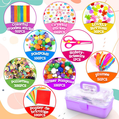 obqo 3000+ Pcs Art and Craft Box for Kids, Toddler Kids Craft Set Included Pipe Cleaners, Pom Poms, Feather, Folding Storage Box - All in One for Kids Craft Supplies (Purple)
