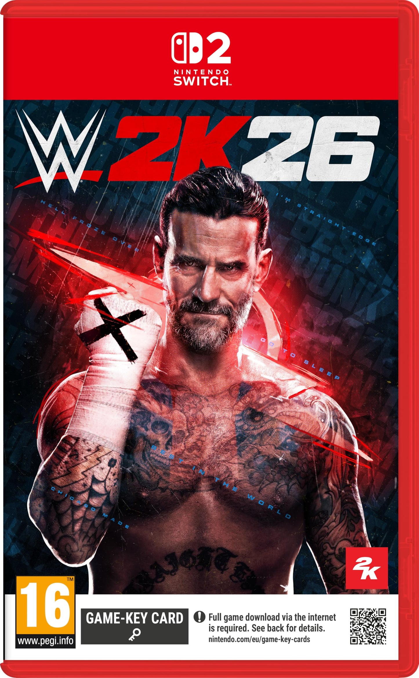 WWE 2K26 Standard Edition Nintendo Switch game cartridge with colorful cover art featuring wrestlers and the 2K logo.