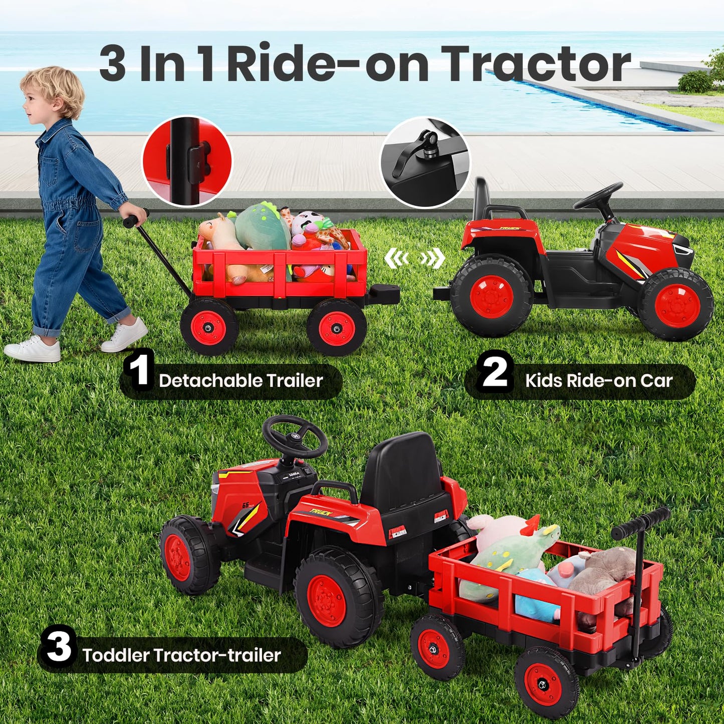 H.yeed Kids Ride on Tractor and Trailer Aged 3-6, 12V Battery Powered Electric Toy Car with Remote Control, Bluetooth Music, LED Lights & USB for Boys, Girls (Red)