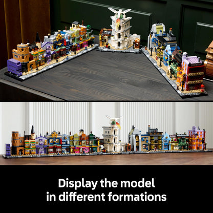 LEGO Harry Potter Diagon Alley set featuring microscale shops and 12 microfigures, perfect for display and collectors.