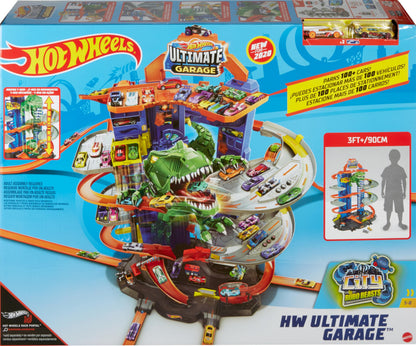 Hot Wheels City Ultimate Garage Playset with T-Rex, multi-level racetrack, parking for 100 cars, and 2 toy cars.