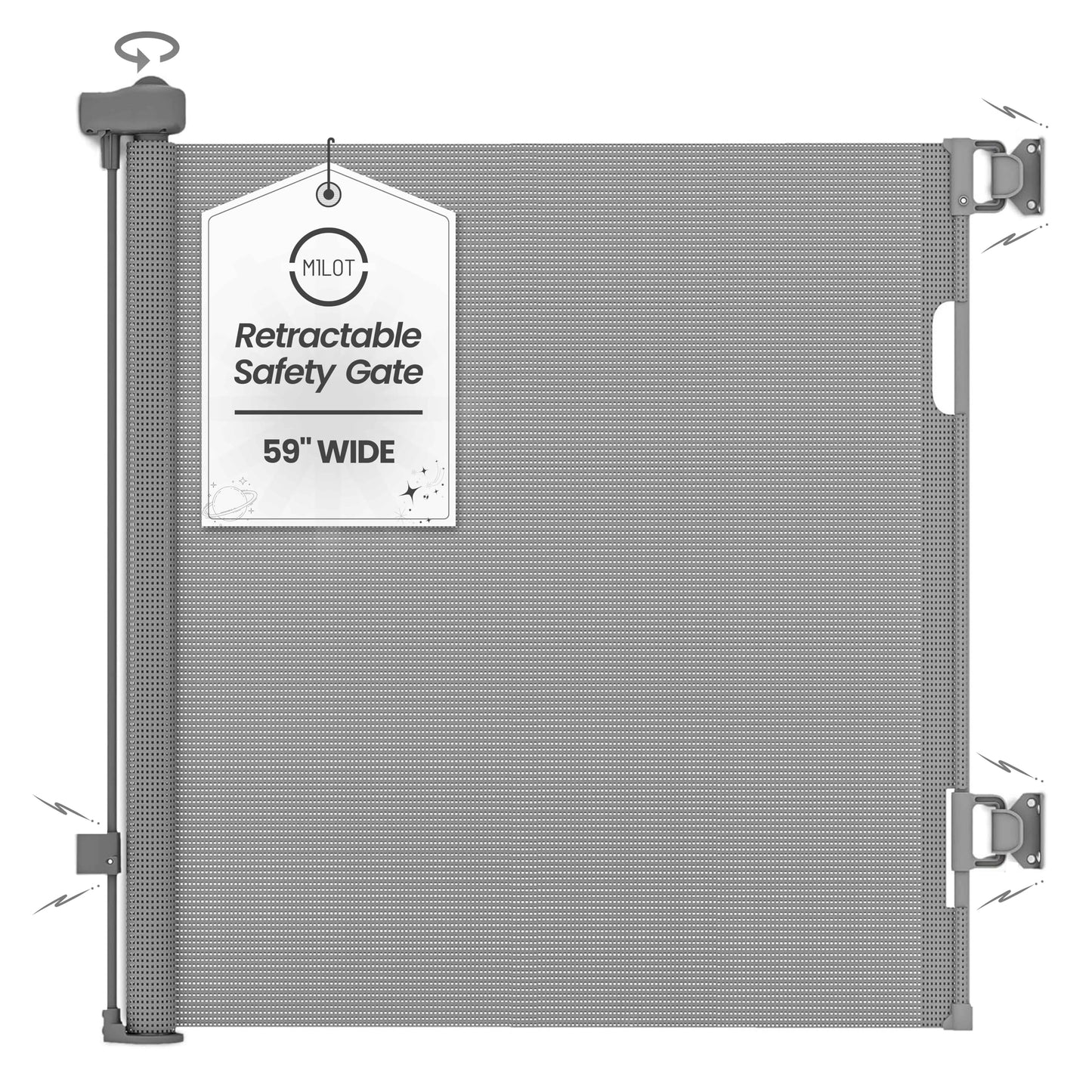MILOT 59-inch wide grey retractable baby and pet gate with mesh, one-handed operation, extendable for doorways indoor and outdoor use.