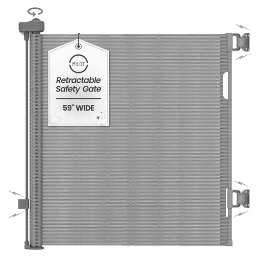 MILOT 59-inch wide grey retractable baby and pet gate with mesh, one-handed operation, extendable for doorways indoor and outdoor use.