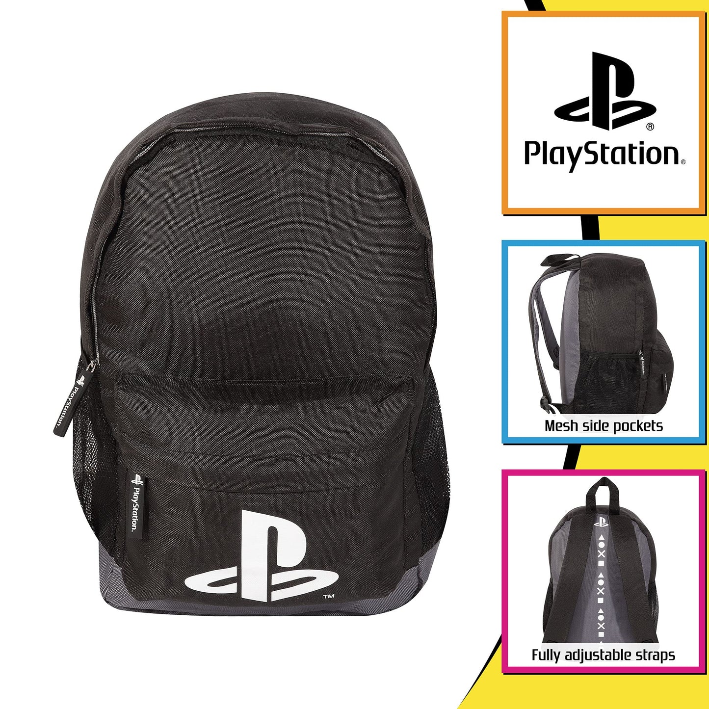Black Popgear boys' PlayStation Logo backpack with adjustable straps, featuring the iconic PlayStation emblem on the front.