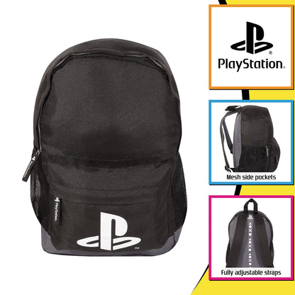 Black Popgear boys' PlayStation Logo backpack with adjustable straps, featuring the iconic PlayStation emblem on the front.