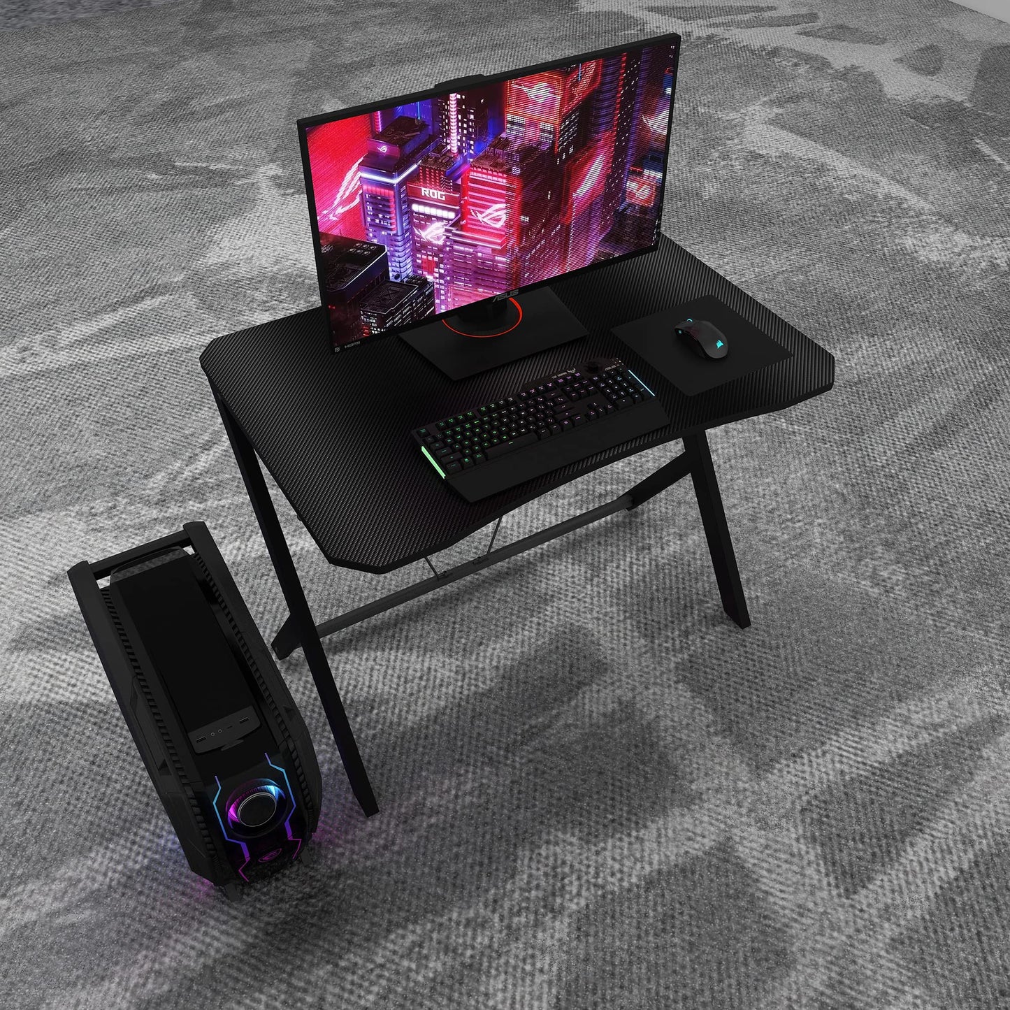 DEILALY 90 CM Width Gaming Desk Carbon Fiber Surface Gamer Table Computer Gamer Desk with Monitor Shelf Study Desk Work Station PC Table Carbon Steel Leg Corner