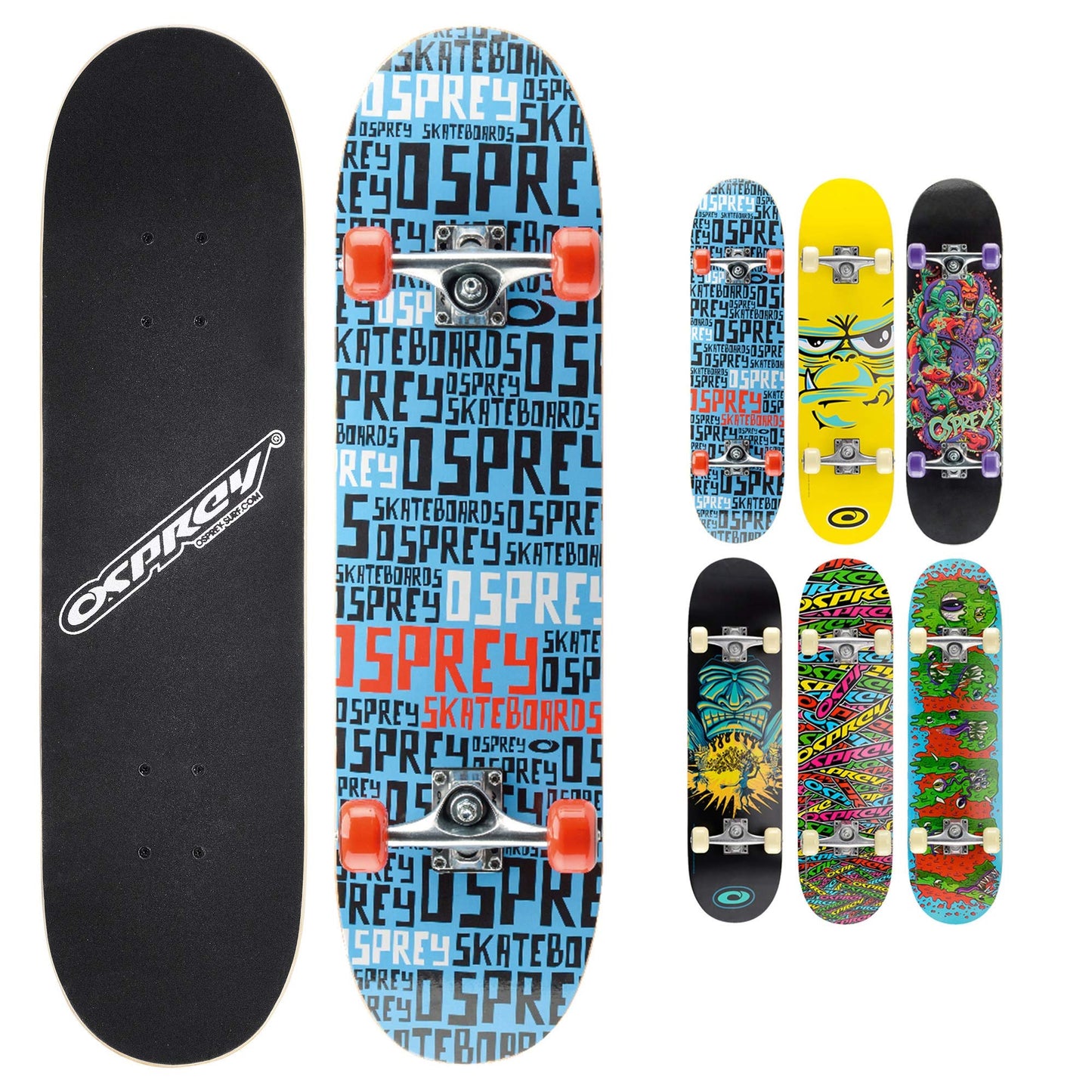 Osprey | Complete Skateboard 31 x 8-inch, Double Kick 9 Ply Chinese Maple Deck for Kids, Teens Adult and Beginners, Repeat, Multiple Designs