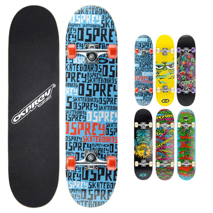 Osprey | Complete Skateboard 31 x 8-inch, Double Kick 9 Ply Chinese Maple Deck for Kids, Teens Adult and Beginners, Repeat, Multiple Designs
