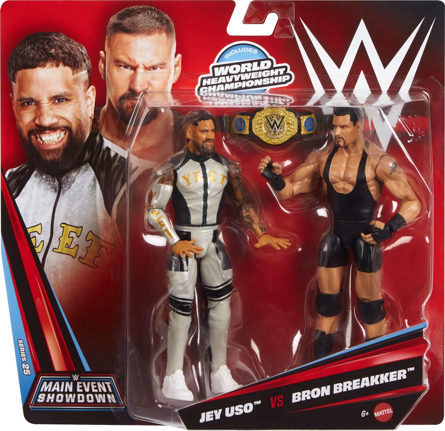 Mattel WWE Main Event Showdown Action Figures 2-Pack with Accessory, Series #25 Bron Breakker vs Jey Uso Collectible Set, 6-inch, JHJ57