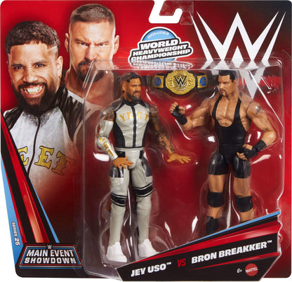 Mattel WWE Main Event Showdown Action Figures 2-Pack with Accessory, Series #25 Bron Breakker vs Jey Uso Collectible Set, 6-inch, JHJ57
