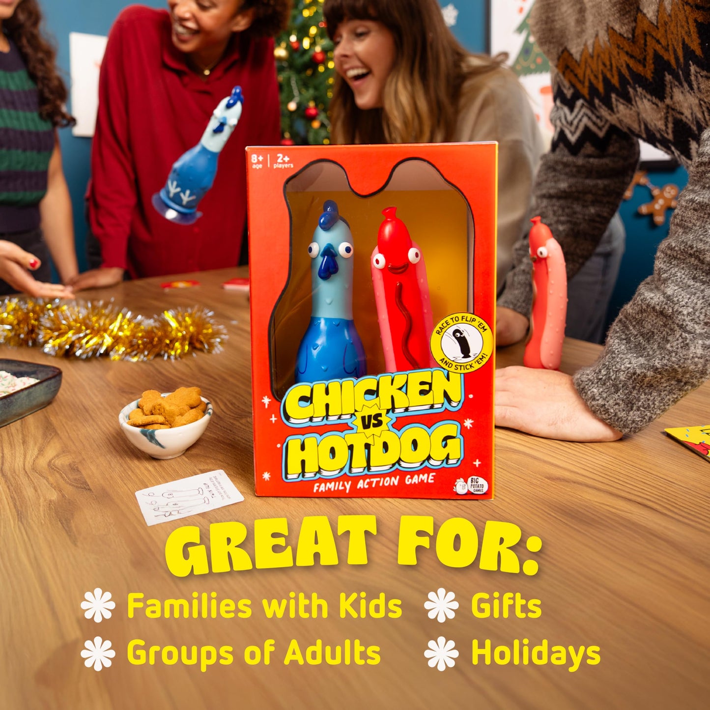 Big Potato Chicken vs Hotdog flip challenge game for families, kids, and adults, with bonus cards for outdoor fun and fast-paced play.