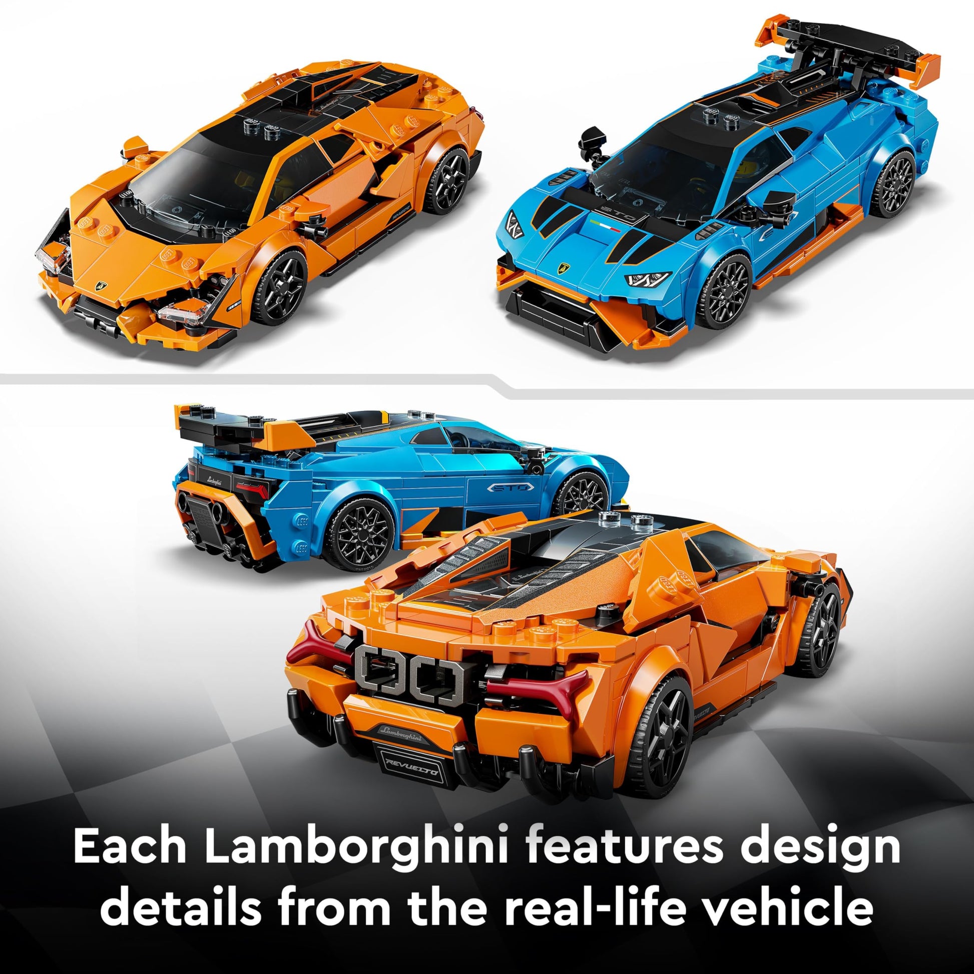 LEGO Speed Champions Lamborghini Revuelto and Huracán STO model kit with two driver minifigures for kids.