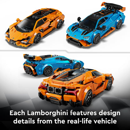 LEGO Speed Champions Lamborghini Revuelto and Huracán STO model kit with two driver minifigures for kids.