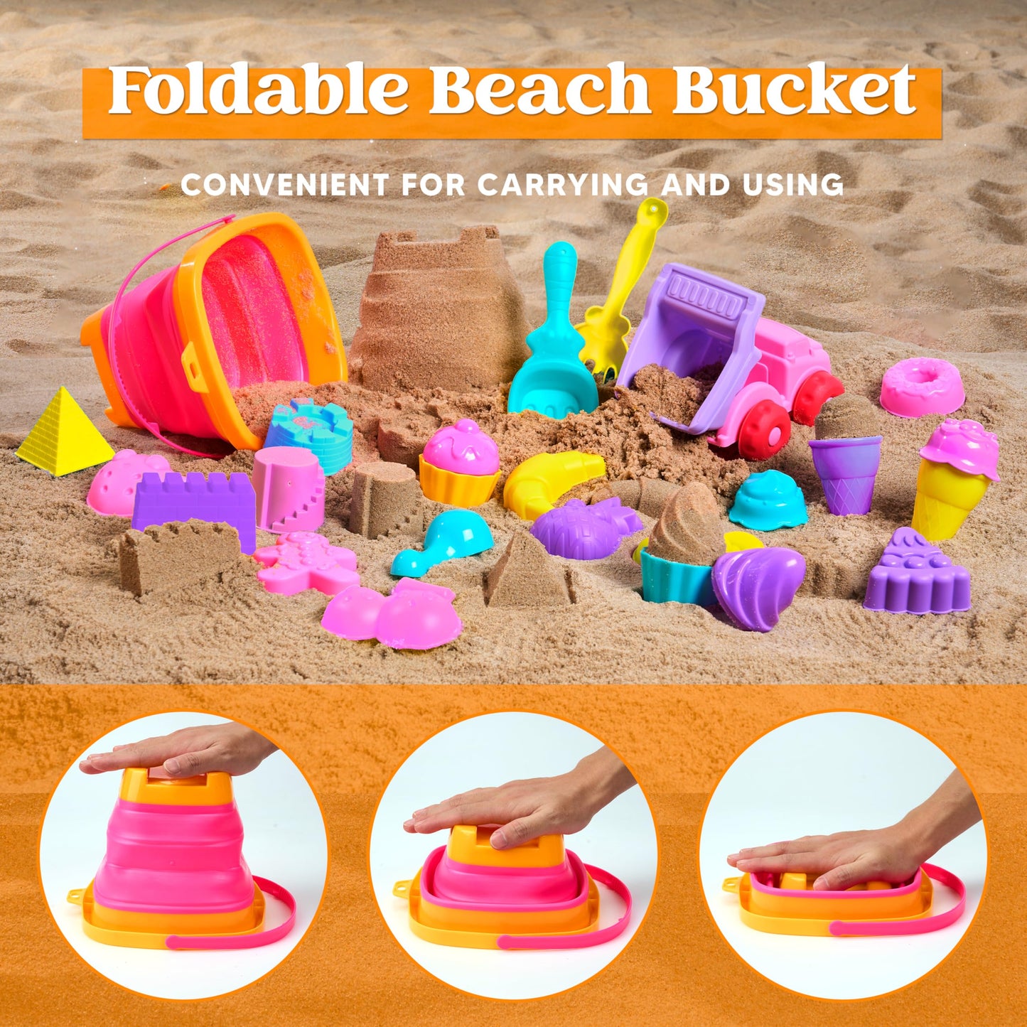 Sloosh Beach Sand Toys Set 24Pcs - Pink Dump Truck Car Toy with Sand Molds, Collapsible Buckets Mesh Bag Shovels Castle Ice Cream Mold for Ages Kids Toddlers Sandbox Toys Gifts Travel Vacation (Foods)