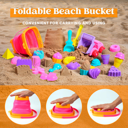 Sloosh Beach Sand Toys Set 24Pcs - Pink Dump Truck Car Toy with Sand Molds, Collapsible Buckets Mesh Bag Shovels Castle Ice Cream Mold for Ages Kids Toddlers Sandbox Toys Gifts Travel Vacation (Foods)