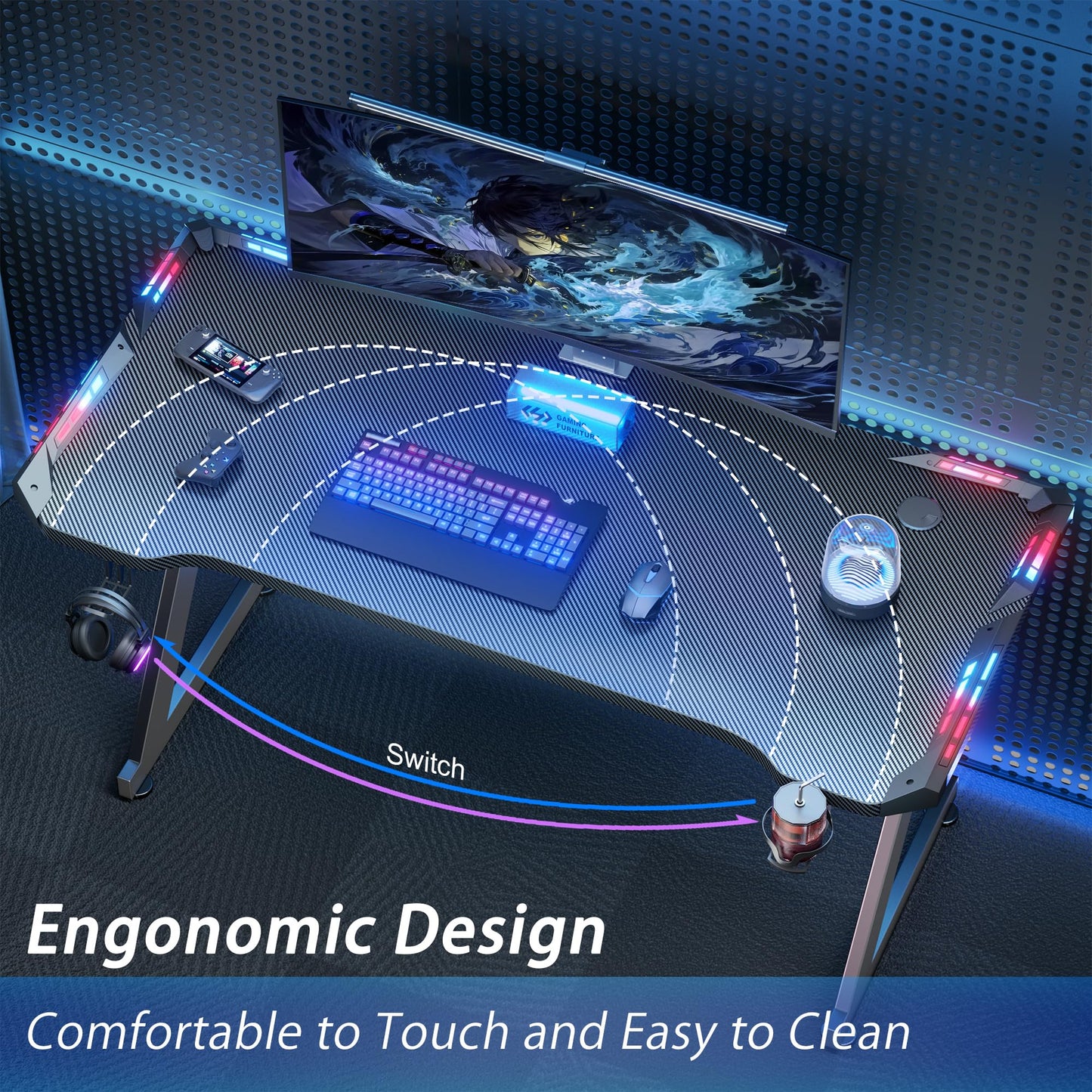 DLONGONE Gaming Desk with LED Lights, Whole Board RGB Gaming Table, Gamer Desk with Cup Holder and Headphone Hook, Computer Desk 100 x 60 cm, Black
