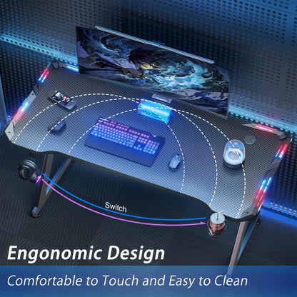 DLONGONE Gaming Desk with LED Lights, Whole Board RGB Gaming Table, Gamer Desk with Cup Holder and Headphone Hook, Computer Desk 100 x 60 cm, Black