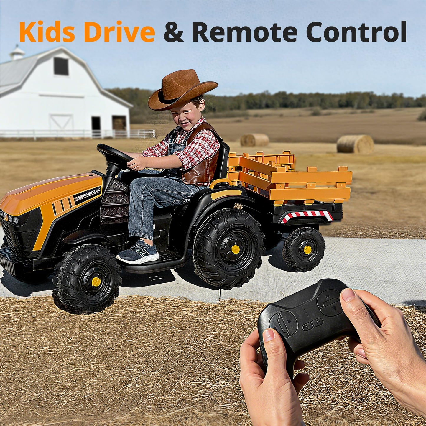 Hikiddo Licensed JCB Ride on Tractor Car, 24V Kids Ride on Tractor for Ages 3-8 with Trailer, Remote Control, 400W Motors - Yellow
