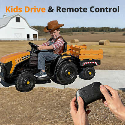 Hikiddo Licensed JCB Ride on Tractor Car, 24V Kids Ride on Tractor for Ages 3-8 with Trailer, Remote Control, 400W Motors - Yellow