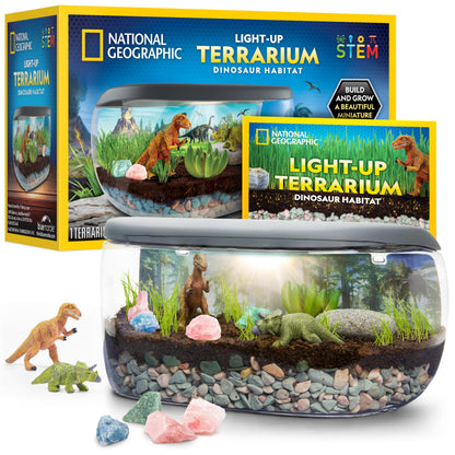 Blue Marble National Geographic light-up terrarium kit for kids featuring dinosaur toys, real plants, gemstones, and a science habitat.