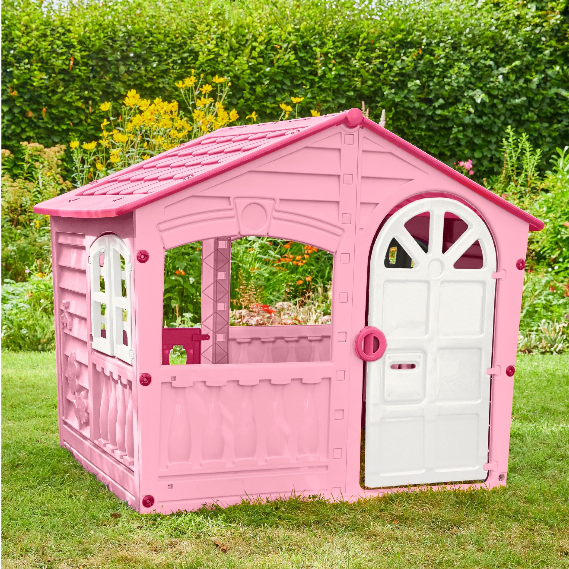 Pink and white Palplay plastic playhouse for kids, indoor and outdoor use, UV resistant, fun house for children ages 2+