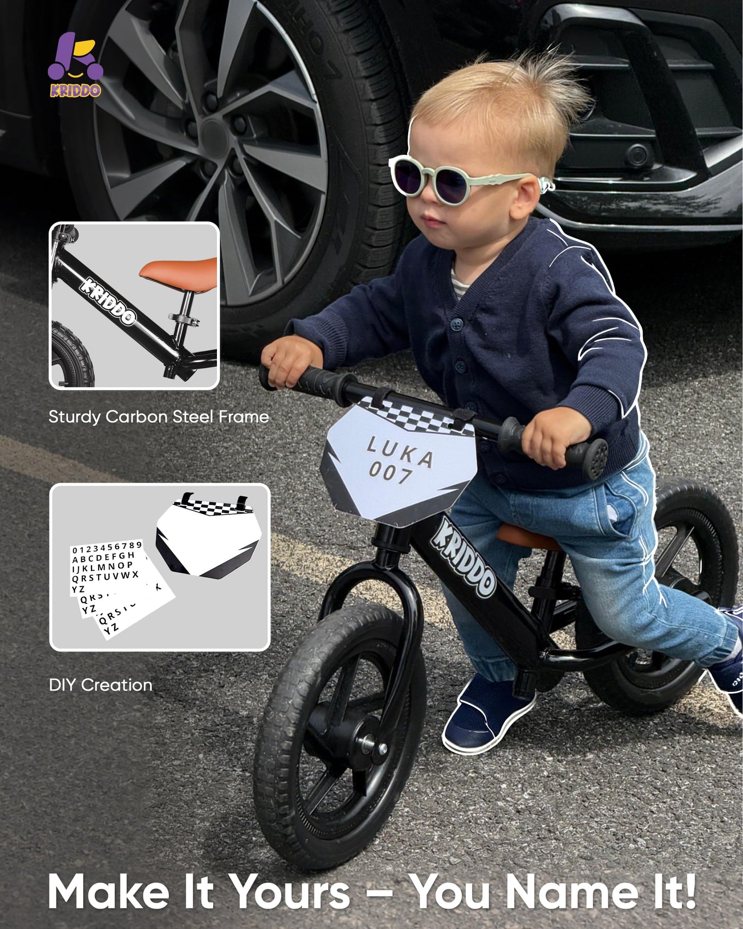 KRIDDO Toddler Balance Bike 2 Year Old, Age 18 Months to 5 Years Old, 12 Inch Push Bicycle with Customize Plate (3 Sets of Stickers Included), Gift Bike for 2-3 Boys Girls, Black