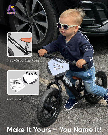 KRIDDO Toddler Balance Bike 2 Year Old, Age 18 Months to 5 Years Old, 12 Inch Push Bicycle with Customize Plate (3 Sets of Stickers Included), Gift Bike for 2-3 Boys Girls, Black