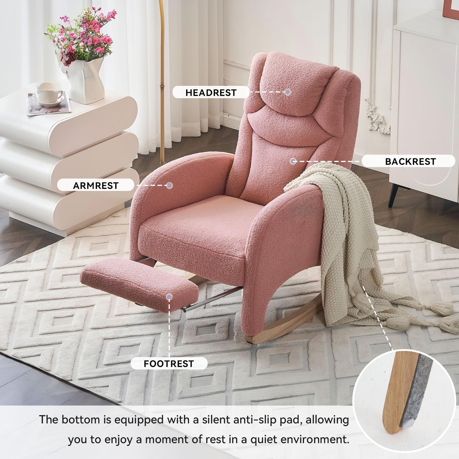 Pink DEKKETO Teddy rocking chair with headrest, footrest, side pocket, ideal for nursery or adult relaxation.