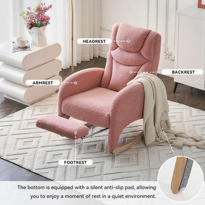Pink DEKKETO Teddy rocking chair with headrest, footrest, side pocket, ideal for nursery or adult relaxation.