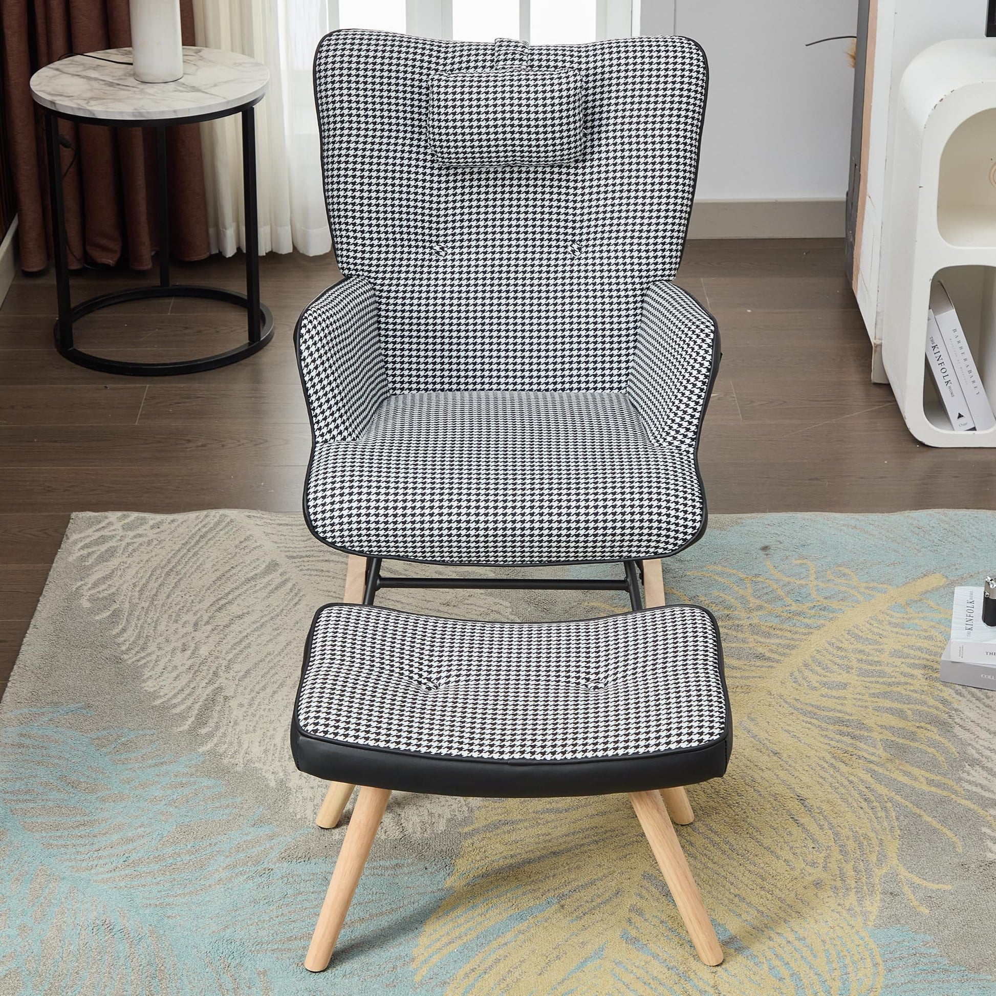 BTM nursery rocking chair with fabric upholstery, high back, solid wood legs, footstool, side pocket for storage in living room or bedroom