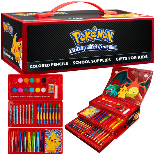 Pokemon art supplies set featuring coloring pencils, felt tip pens, and watercolor paints in black and red.