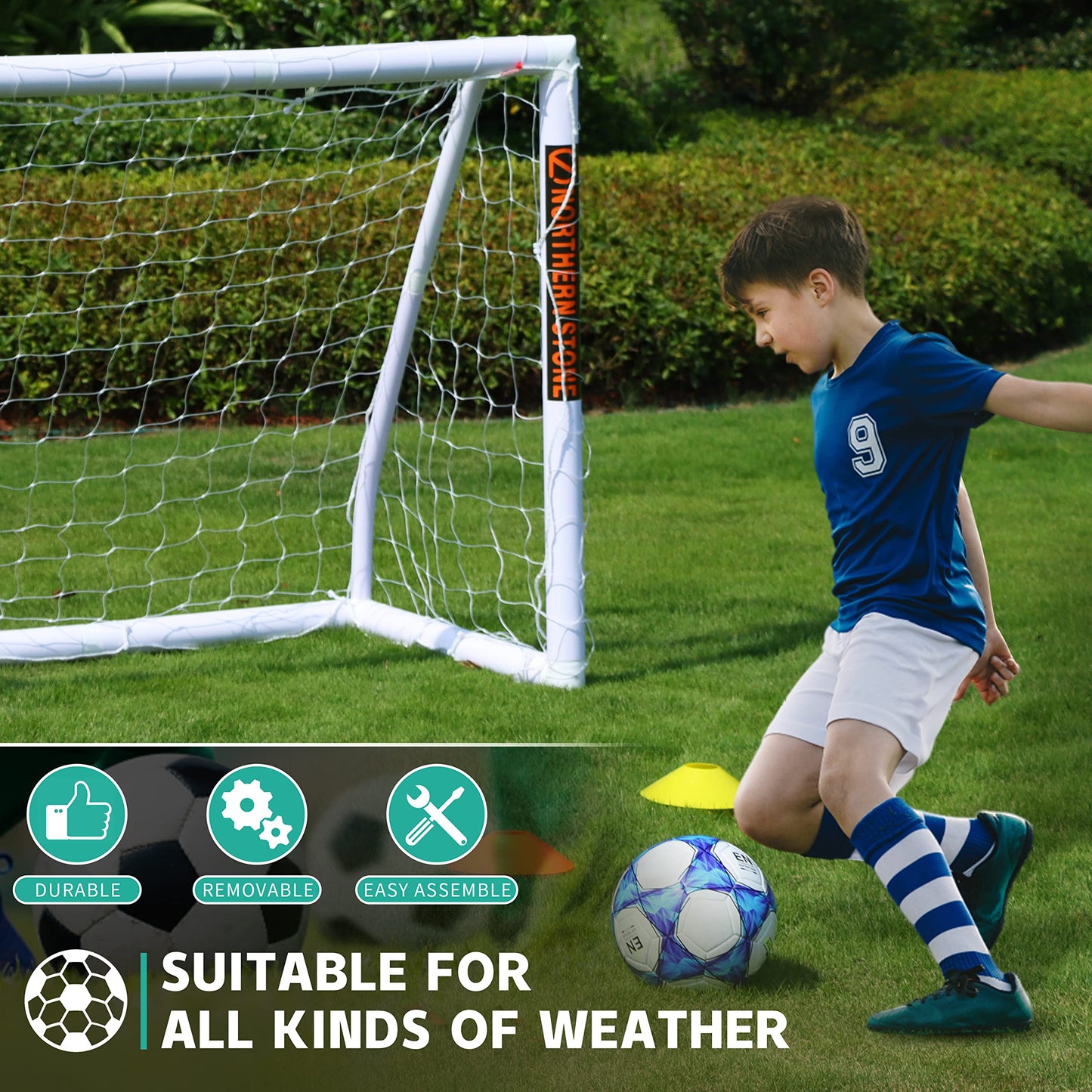 NORTHERN STONE Ultimate All Weather uPVC Football Goal 6ft x 4ft Garden Portable Football Goals 70mm Thick PVC Goal Posts + Football Net Integrated Locking System