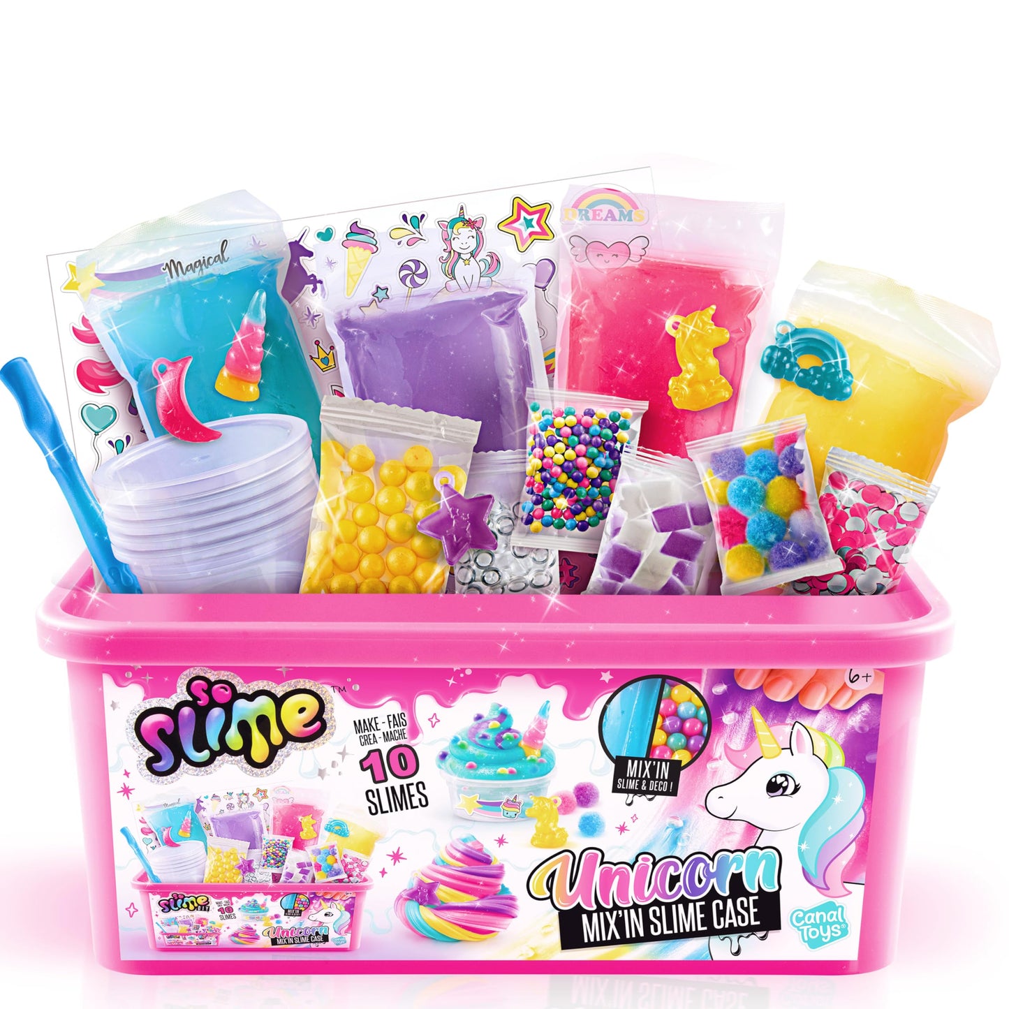 Pink slime case with unicorn mix-in from Canal Toys, featuring colorful slime and playful unicorn-themed elements.