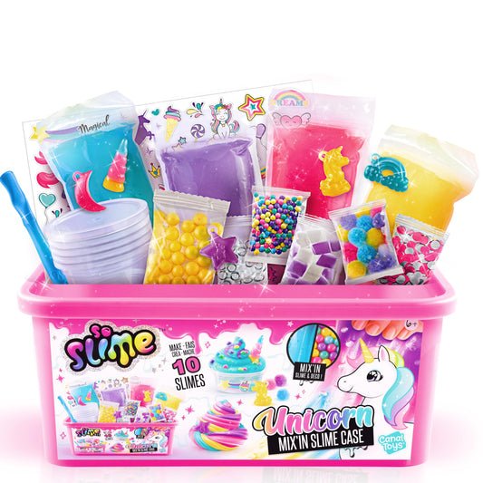 Pink slime case with unicorn mix-in from Canal Toys, featuring colorful slime and playful unicorn-themed elements.