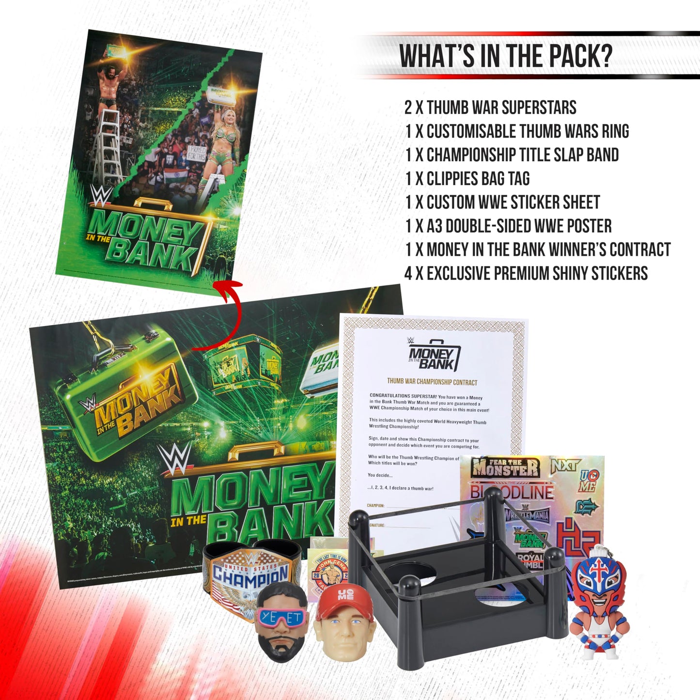 WOW! Stuff WWE Money in the Bank Mystery Gift Pack | 14+ WWE Surprises | Including Exclusive Thumb War Superstars, Custom Ring, Stickers & Slap Band | Collectible Briefcase Pack with Hidden Reveals