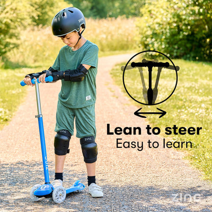 Zinc Superstar Kids Scooter for Ages 3+ – Three Wheeled Boys & Girls Scooter with LED Light Up Deck & Wheels, Adjustable Handlebar, Lean ‘n’ Steer Controls, Rear Brake, Soft Rubber Grips, Blue