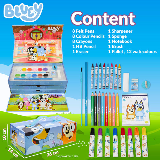 Bluey Art Set for Kids Colouring Pencils Paints Felt Tip Pens Crayons Stationery Crafts Girls Boys Art Supplies Preschool Travel 40 Plus Pcs Gift Set (Blue 3 Tier)