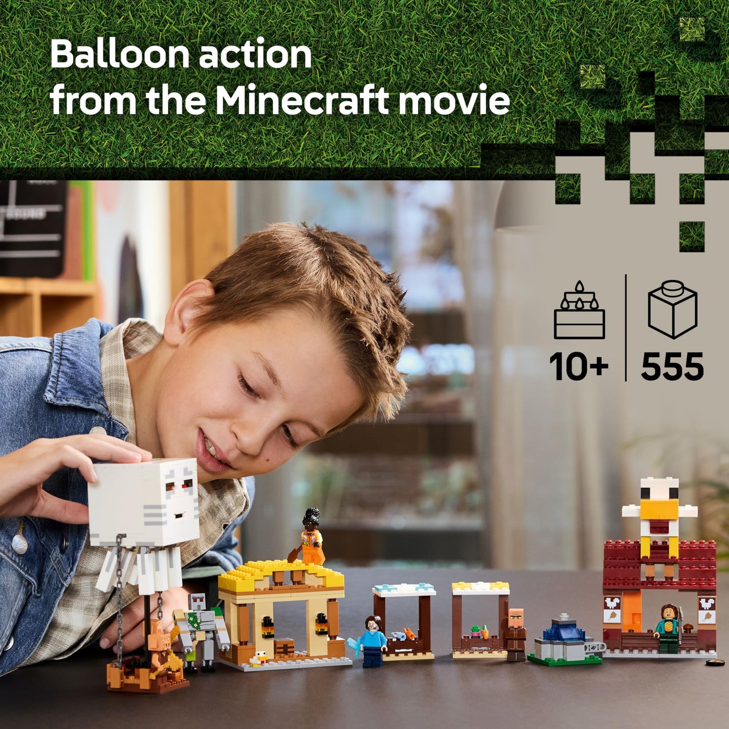 LEGO Minecraft The Ghast Balloon Village Attack Toy - incl. Steve's House, 4 Minifigures, Iron Golem Figure & Exploding Fountain Function - Gaming Gift for 10+ Year Old Boys, Girls & Fans - 21273