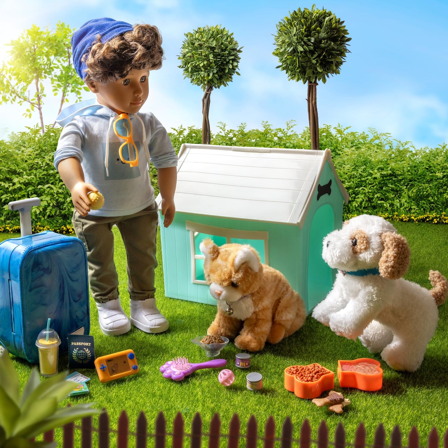 Our Generation Dog House Playset with plush puppy, 18-inch doll accessories, perfect for imaginative pretend play.